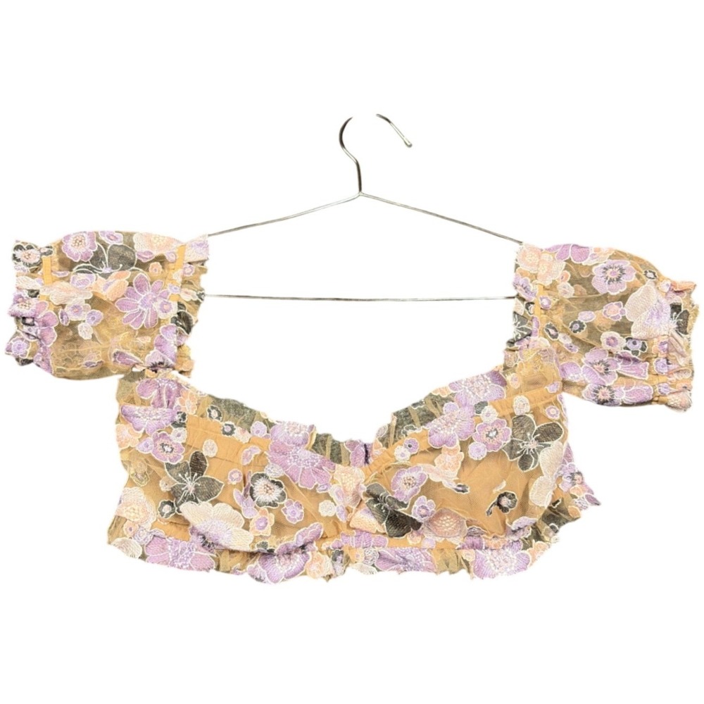 For Love & Lemons Top Womens M Tan Floral Embroidered Puff Sleeve Skivvies